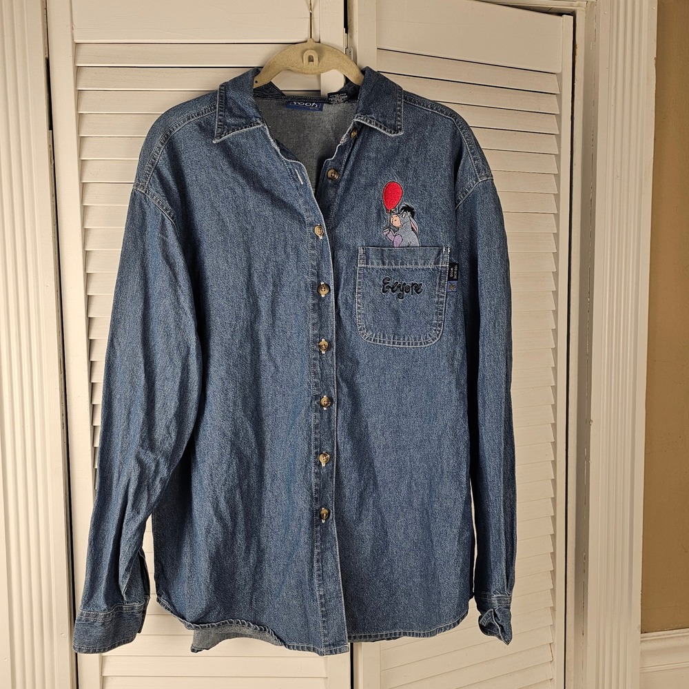 Vintage POOH Disney Embroidered Eeyore Denim Long Sleeve Button Down Shirt Med